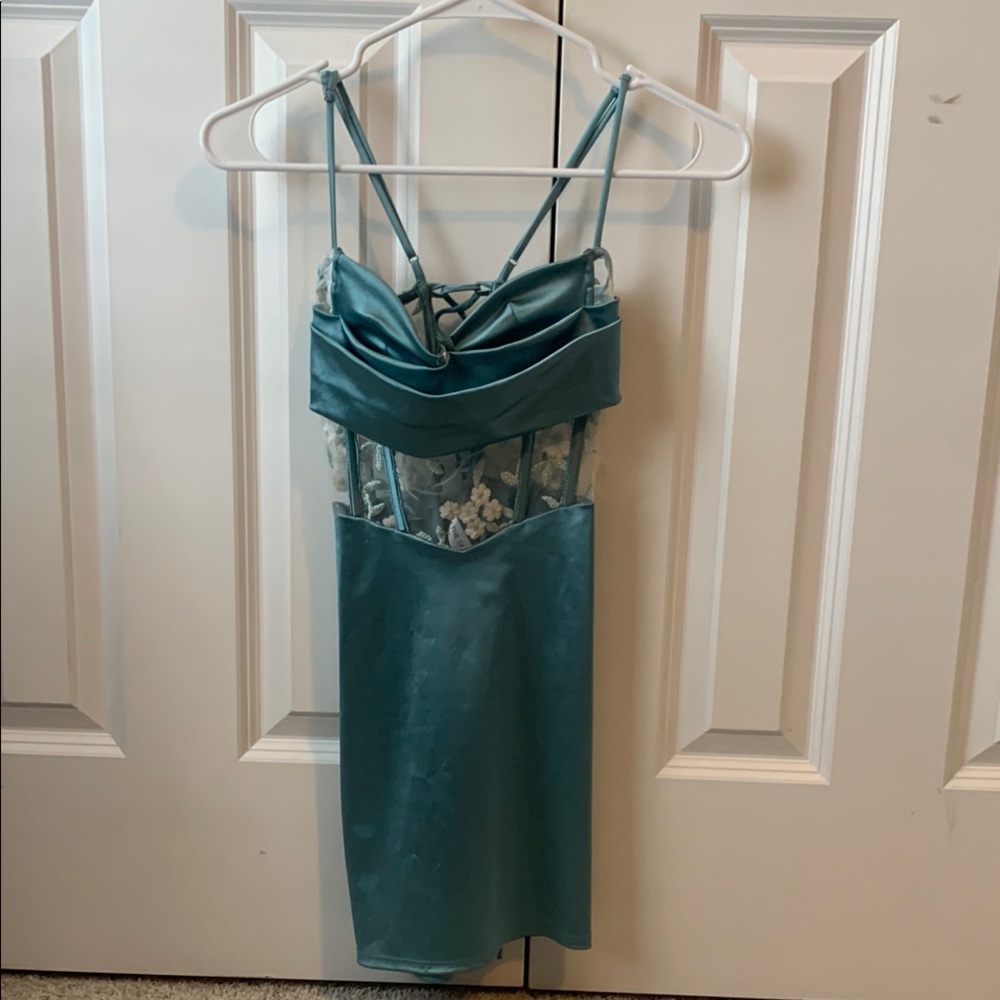 Teal Satin Dress with Lace Details